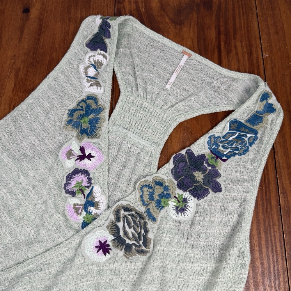 FREE PEOPLE Frida Embroidered Faux Wrap Tank Top XS Mint Boho Floral